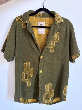 OAS Olive & Yellow Cactus Terry Short-Sleeve Button-Up